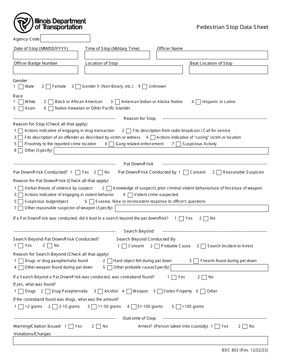 Form BDC802 Pedestrian Stop Data Sheet - Illinois, Page 1