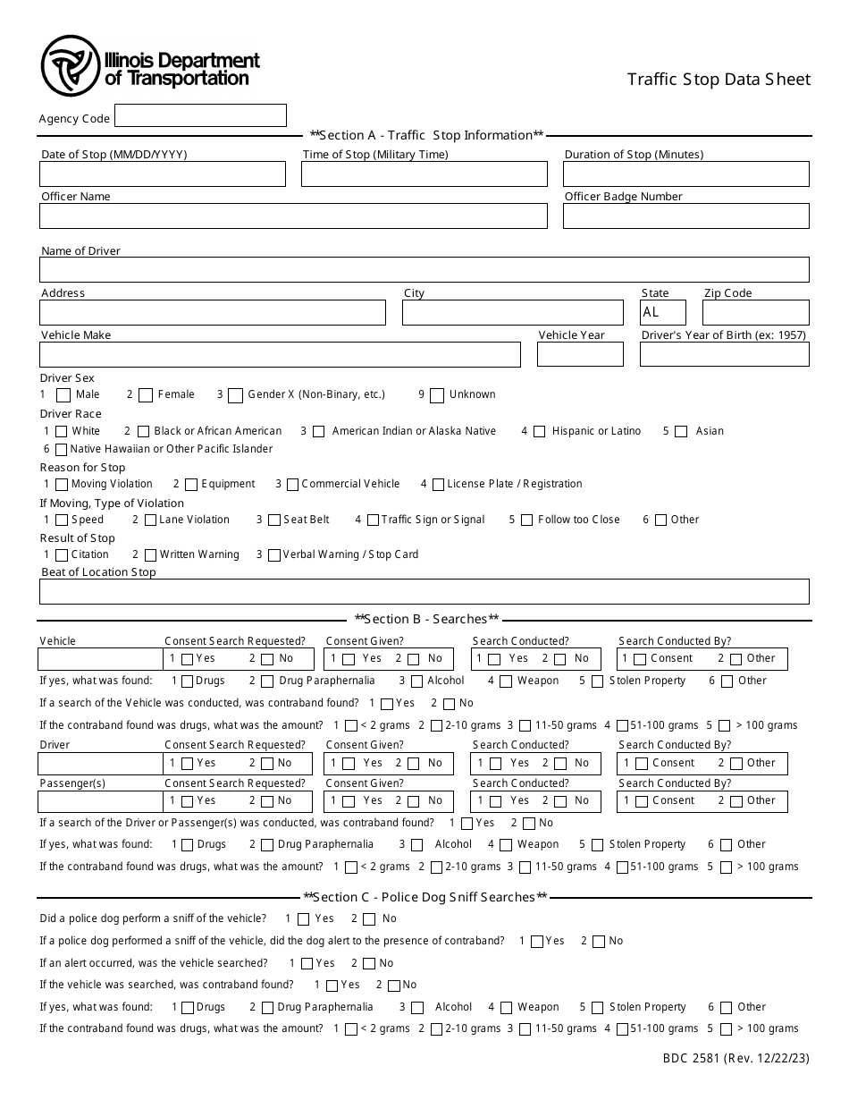 Form BDC2581 Traffic Stop Data Sheet - Illinois, Page 1