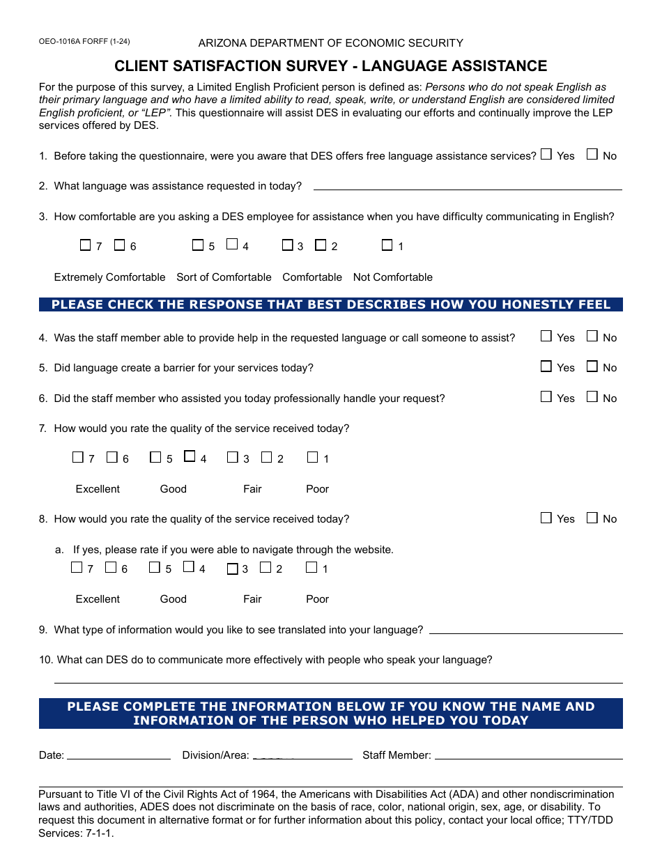 Form OEO-1016A Client Satisfaction Survey - Language Assistance - Arizona, Page 1
