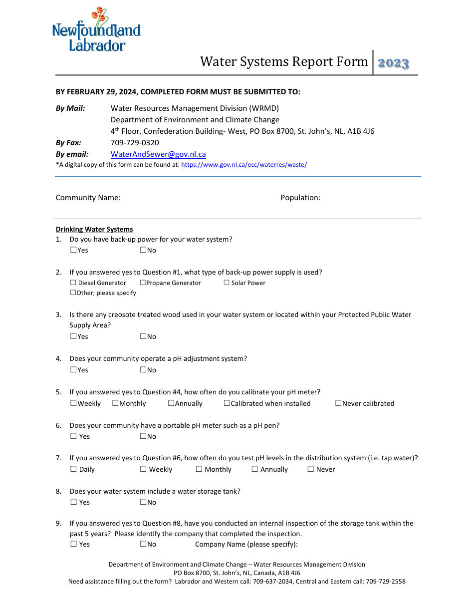 Water Systems Report Form - Newfoundland and Labrador, Canada, Page 1