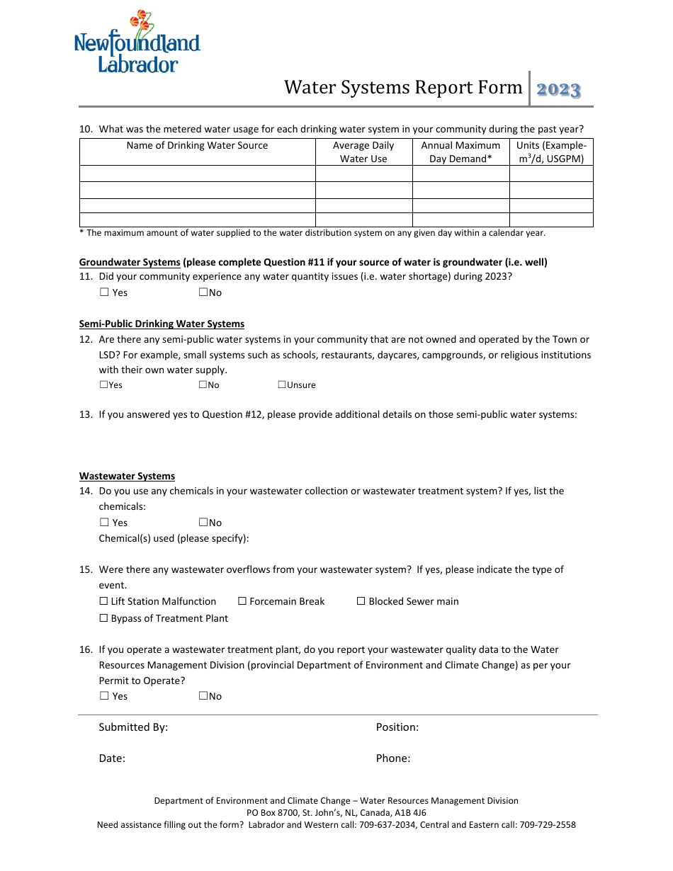 Water Systems Report Form - Newfoundland and Labrador, Canada, Page 2