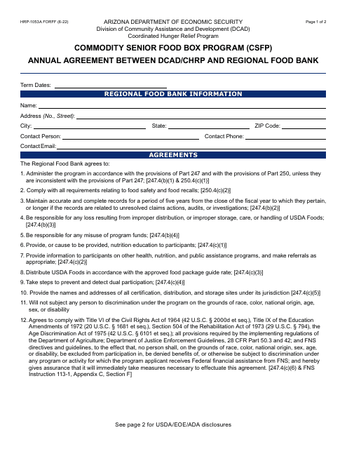 Form HRP-1053A Annual Agreement Between Dcad/Chrp and Regional Food Bank - Commodity Senior Food Box Program (Csfp) - Arizona