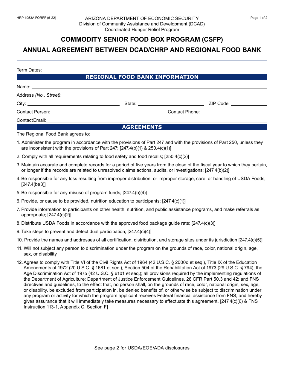 Form HRP-1053A Annual Agreement Between Dcad / Chrp and Regional Food Bank - Commodity Senior Food Box Program (Csfp) - Arizona, Page 1