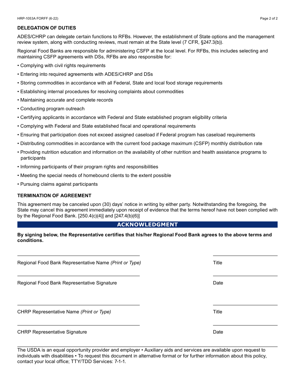 Form HRP-1053A Annual Agreement Between Dcad / Chrp and Regional Food Bank - Commodity Senior Food Box Program (Csfp) - Arizona, Page 2