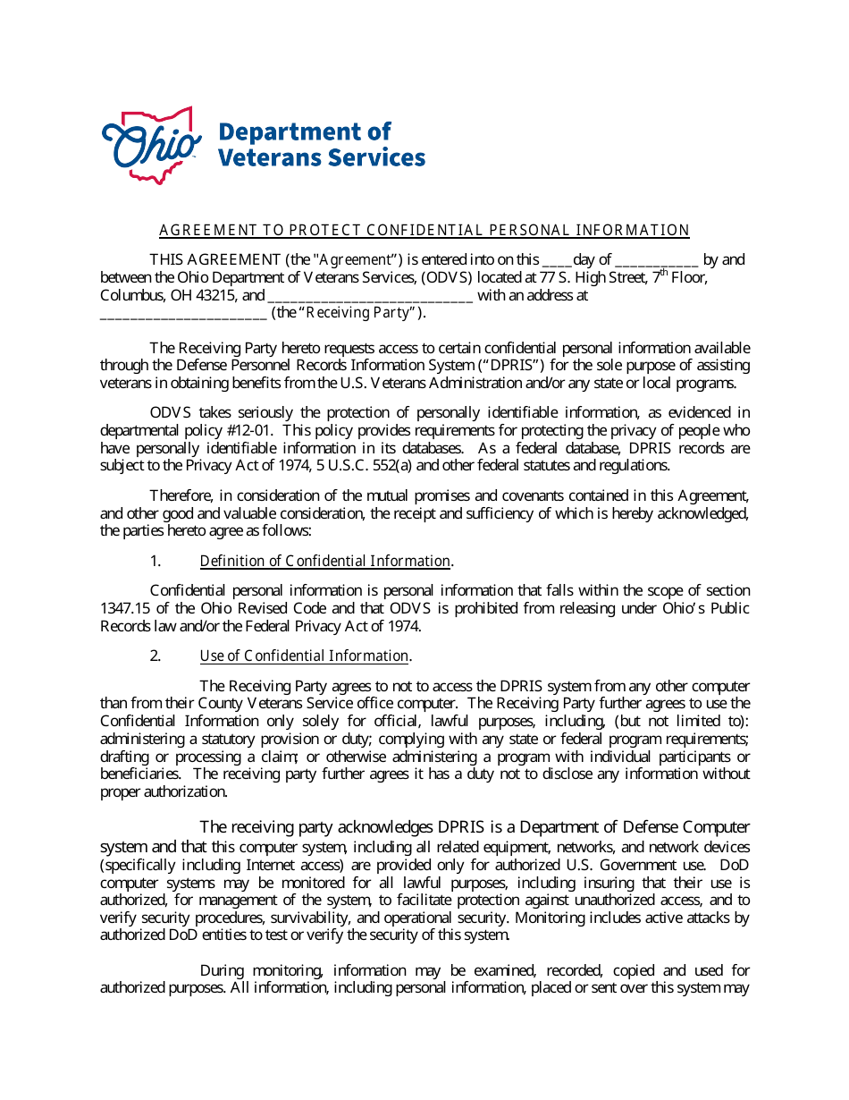 Enclosure 1 Agreement to Protect Confidential Personal Information - Ohio, Page 1