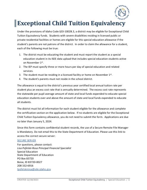 District Application for Exceptional Child Tuition Equivalency - Idaho