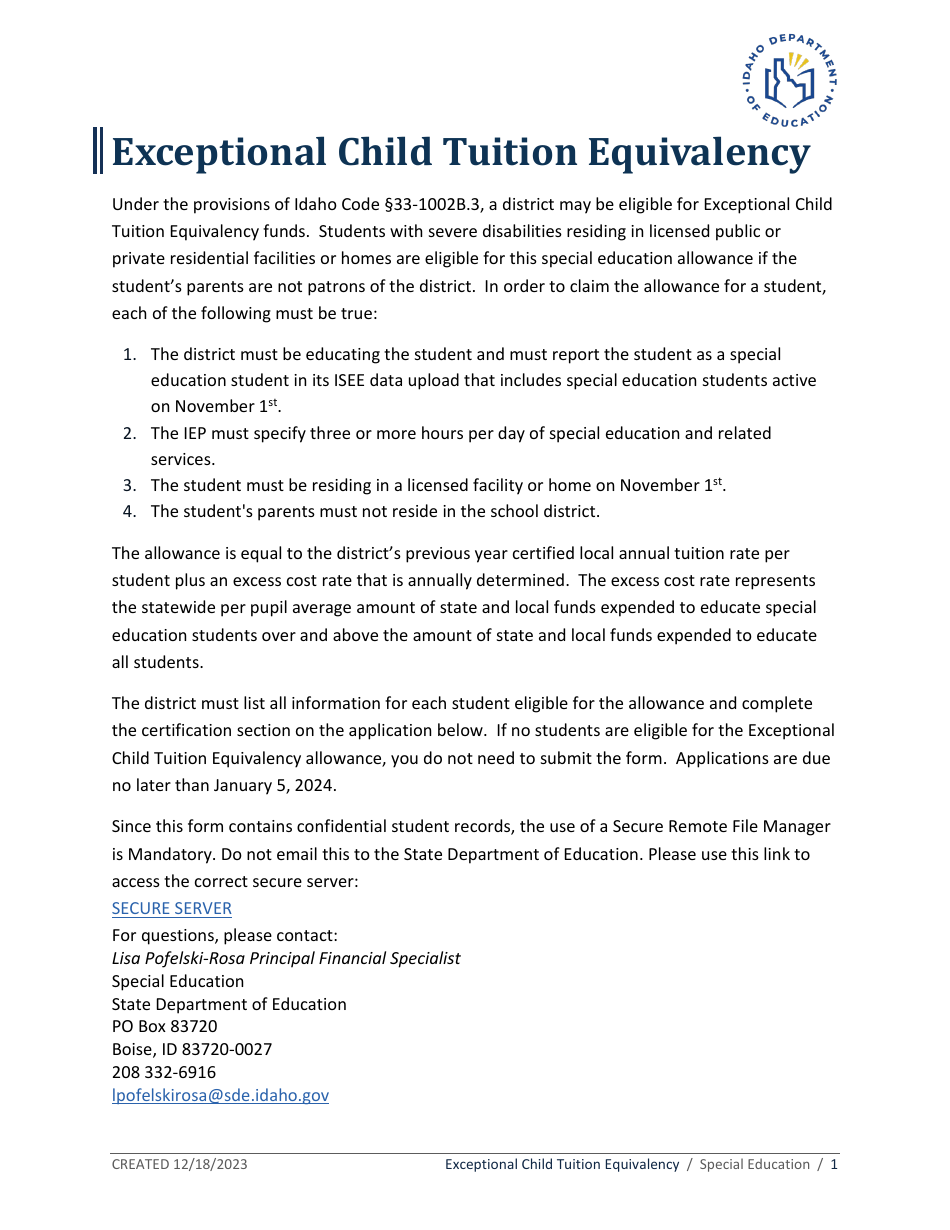 District Application for Exceptional Child Tuition Equivalency - Idaho, Page 1