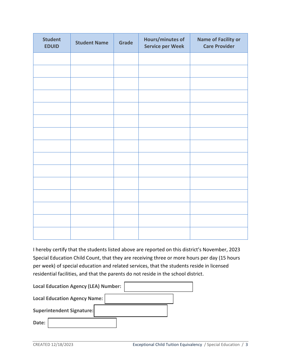 District Application for Exceptional Child Tuition Equivalency - Idaho, Page 3
