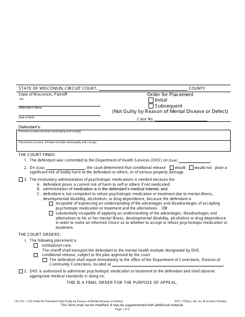 Form CR-275 Order for Placement (Not Guilty by Reason of Mental Disease or Defect) - Wisconsin