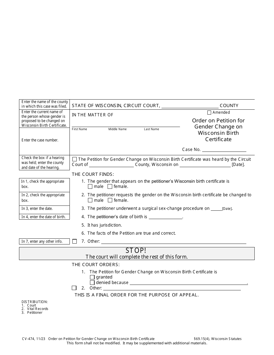 Form CV-474 Order on Petition for Gender Change on Wisconsin Birth Certificate - Wisconsin, Page 1