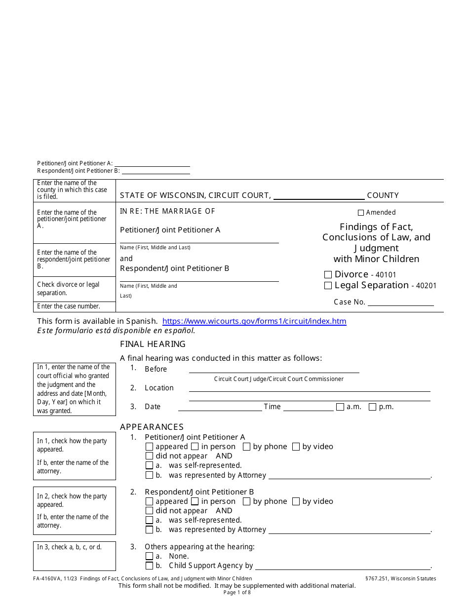 Form FA-4160VA Findings of Fact, Conclusions of Law, and Judgment With Minor Children - Wisconsin, Page 1