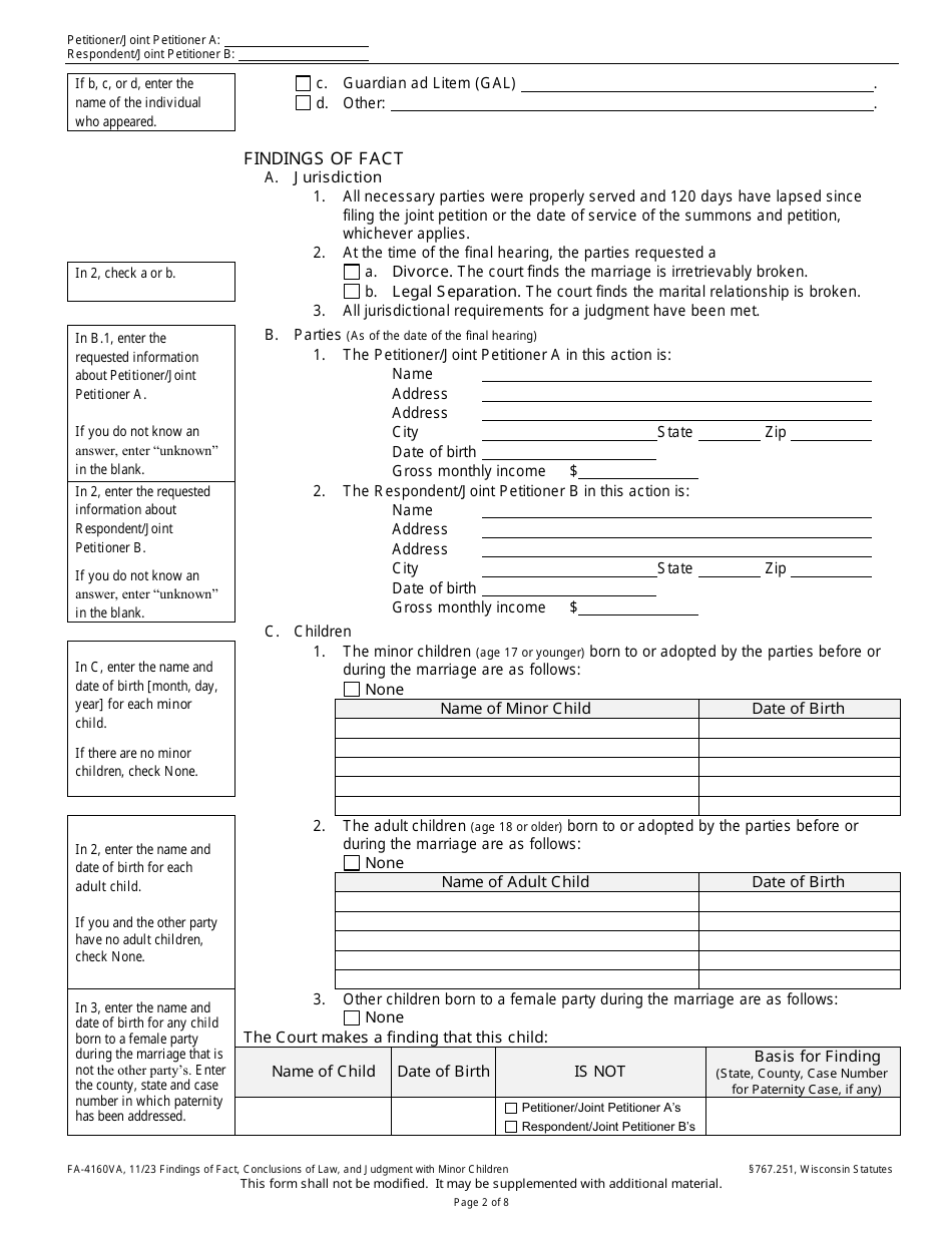 Form FA-4160VA Findings of Fact, Conclusions of Law, and Judgment With Minor Children - Wisconsin, Page 2