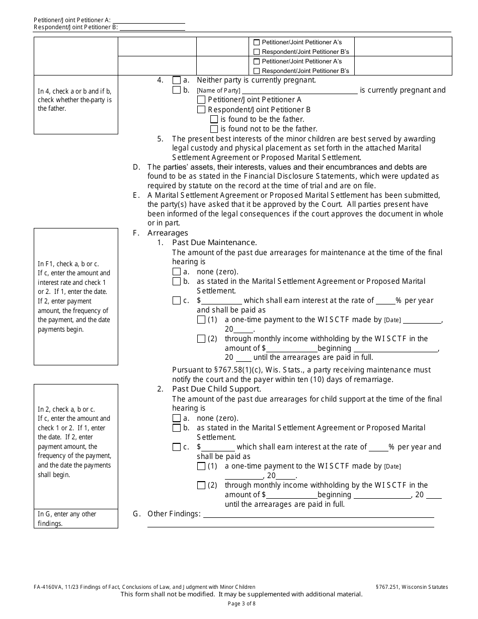 Form FA-4160VA Findings of Fact, Conclusions of Law, and Judgment With Minor Children - Wisconsin, Page 3