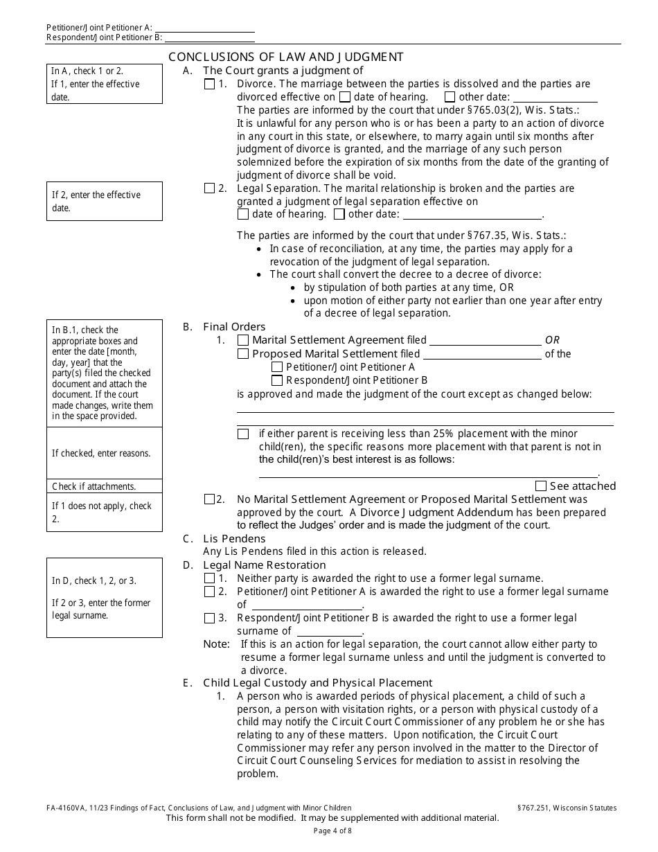 Form FA-4160VA Findings of Fact, Conclusions of Law, and Judgment With Minor Children - Wisconsin, Page 4