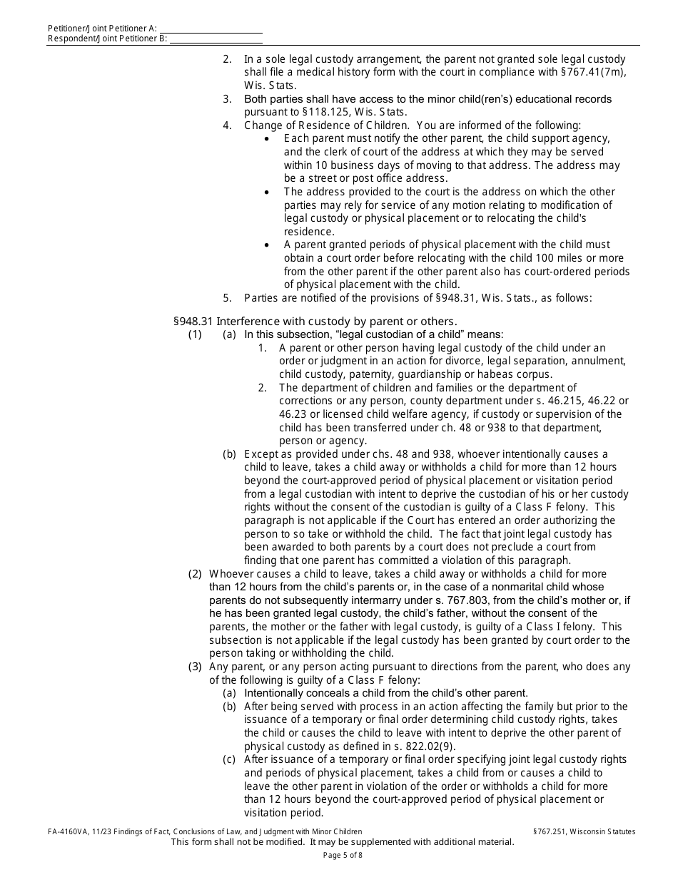 Form FA-4160VA Findings of Fact, Conclusions of Law, and Judgment With Minor Children - Wisconsin, Page 5