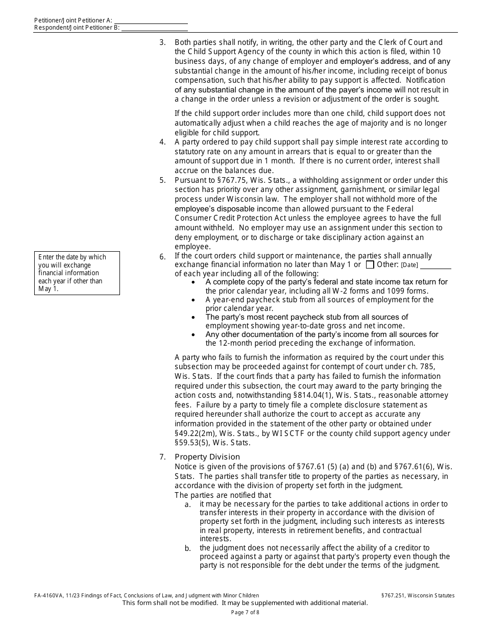 Form FA-4160VA Findings of Fact, Conclusions of Law, and Judgment With Minor Children - Wisconsin, Page 7