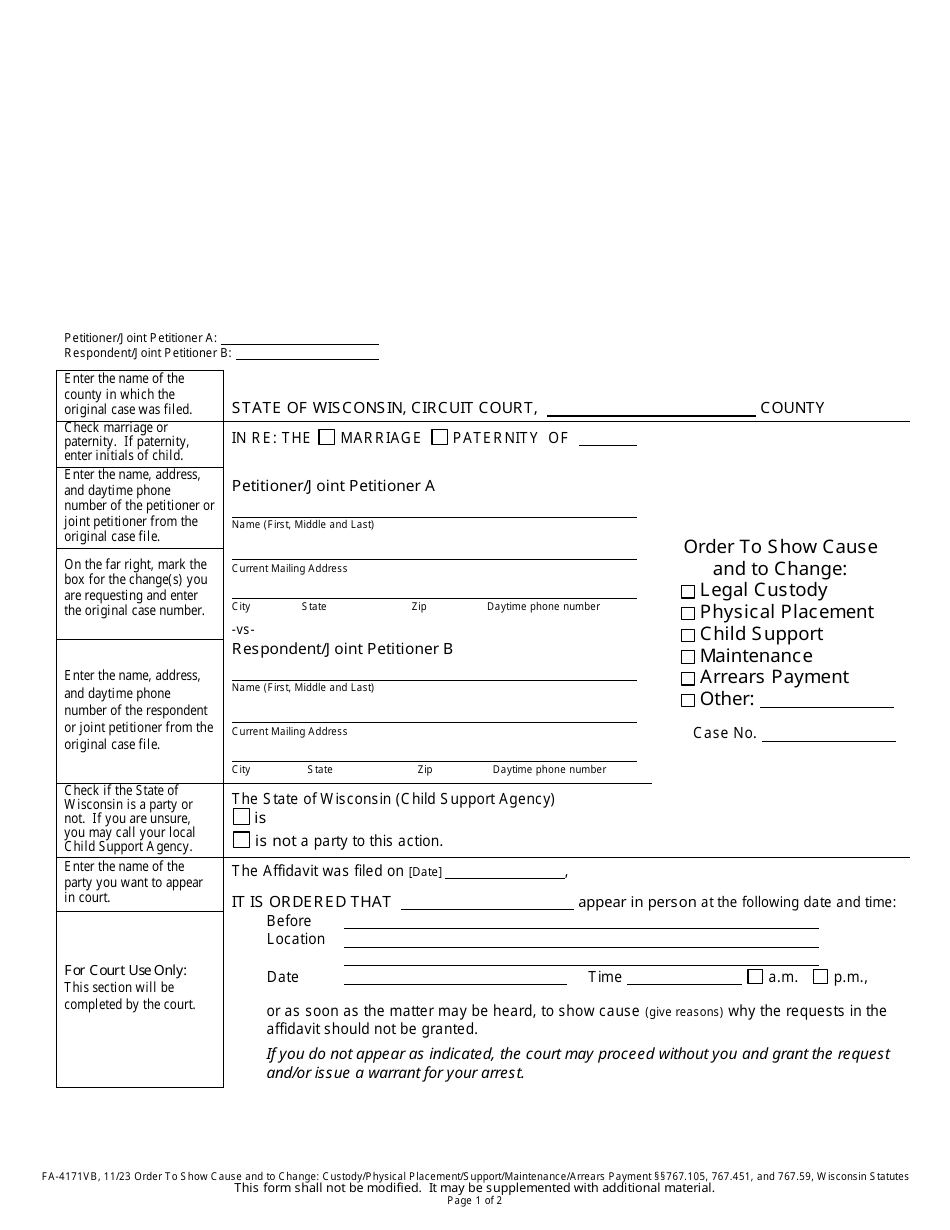 Form FA-4171VB Order to Show Cause and to Change: Legal Custody / Physical Placement / Child Support / Maintenance / Arrears Payment - Wisconsin, Page 1