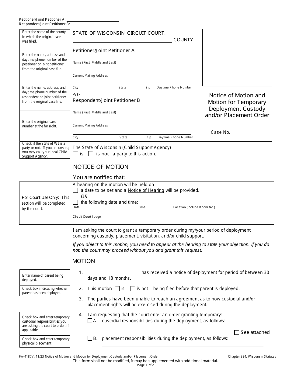 Form FA-4187V Notice of Motion and Motion for Temporary Deployment Custody and / or Placement Order - Wisconsin, Page 1