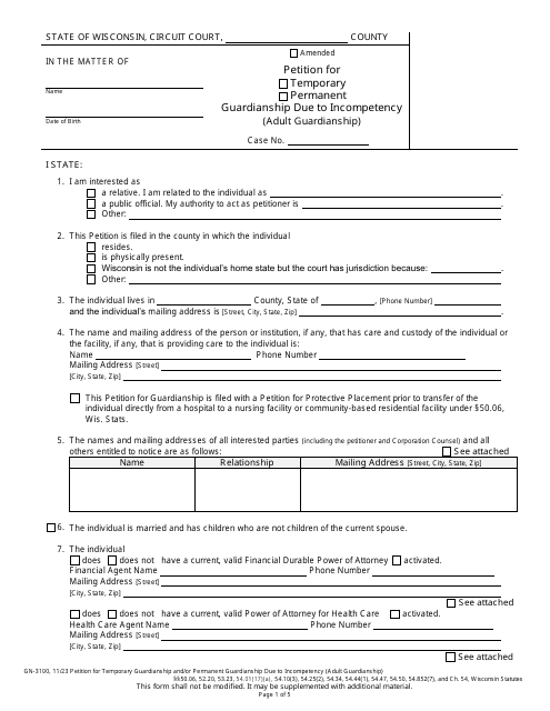 Form GN-3100 Petition for Temporary Guardianship and/or Permanent Guardianship Due to Incompetency (Adult Guardianship) - Wisconsin