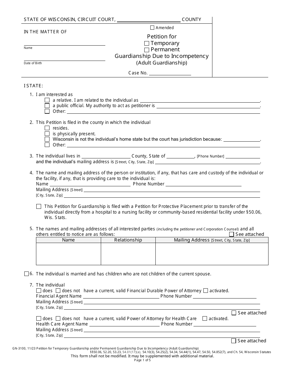 Form GN-3100 Petition for Temporary Guardianship and / or Permanent Guardianship Due to Incompetency (Adult Guardianship) - Wisconsin, Page 1