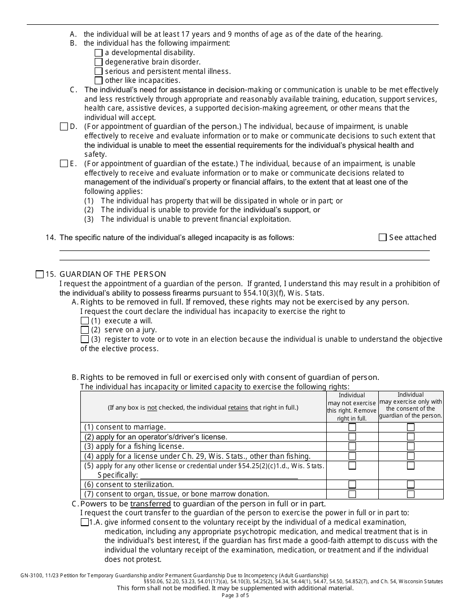 Form GN-3100 Petition for Temporary Guardianship and / or Permanent Guardianship Due to Incompetency (Adult Guardianship) - Wisconsin, Page 3