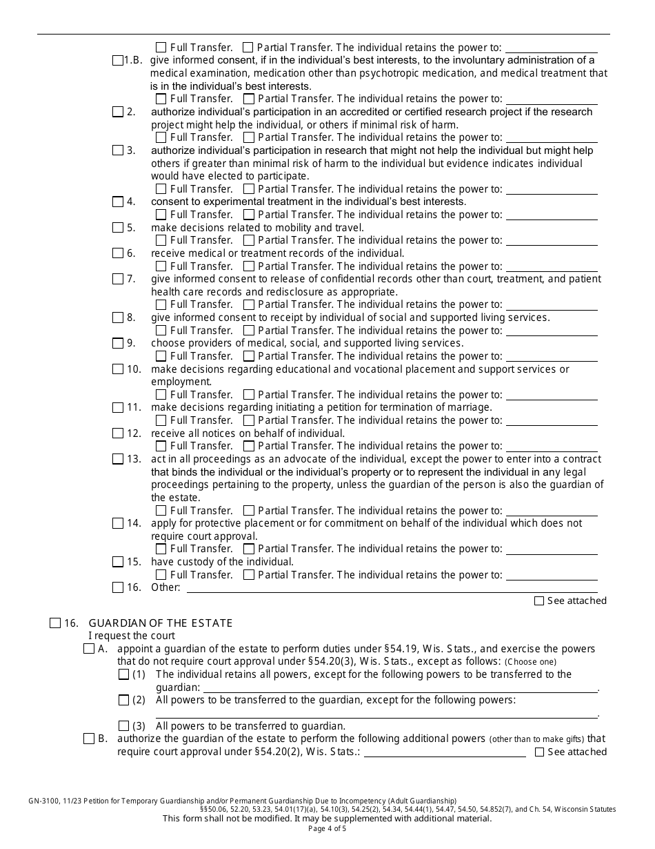 Form GN-3100 Petition for Temporary Guardianship and / or Permanent Guardianship Due to Incompetency (Adult Guardianship) - Wisconsin, Page 4