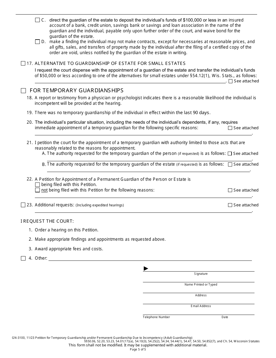 Form GN-3100 Petition for Temporary Guardianship and / or Permanent Guardianship Due to Incompetency (Adult Guardianship) - Wisconsin, Page 5