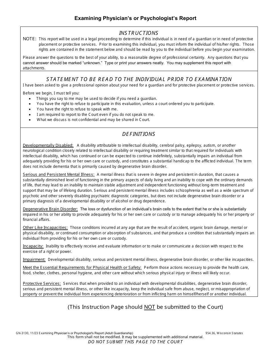 Form GN-3130 Examining Physicians or Psychologists Report (Adult Guardianship) - Wisconsin, Page 1