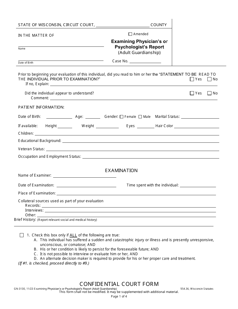 Form GN-3130 Examining Physicians or Psychologists Report (Adult Guardianship) - Wisconsin, Page 2