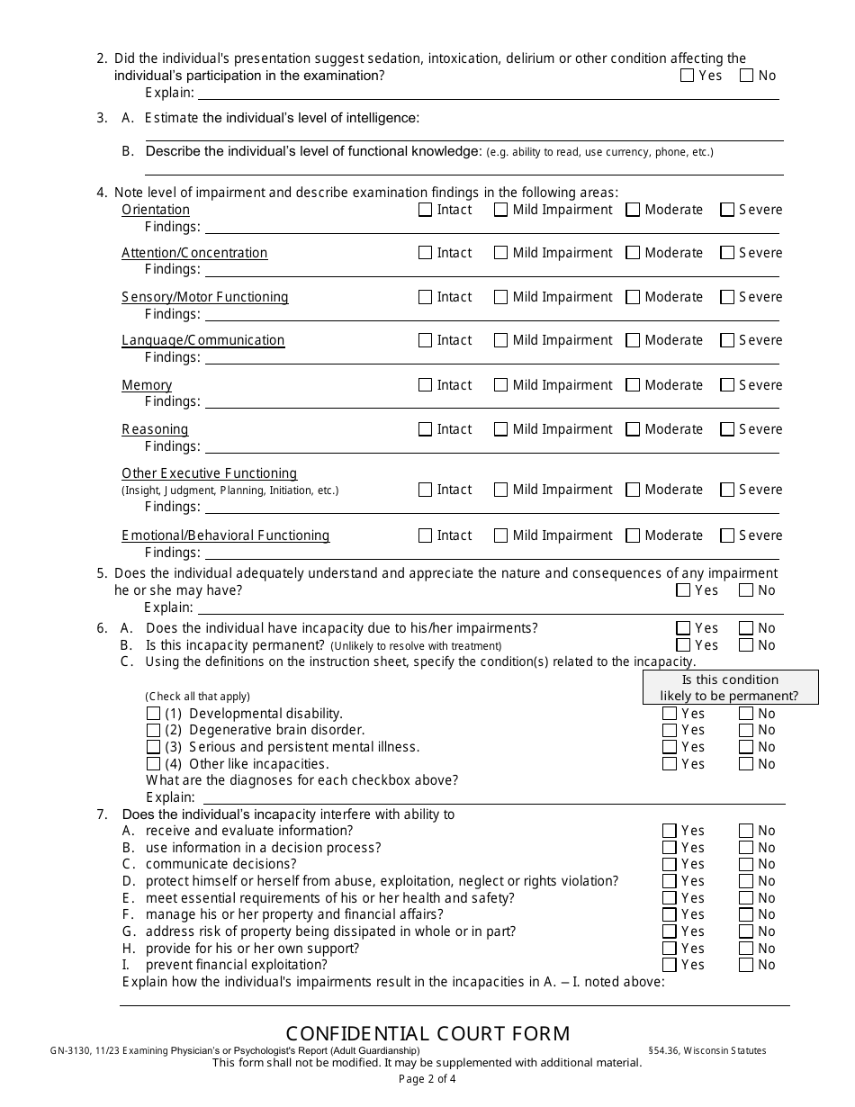 Form GN-3130 Examining Physicians or Psychologists Report (Adult Guardianship) - Wisconsin, Page 3