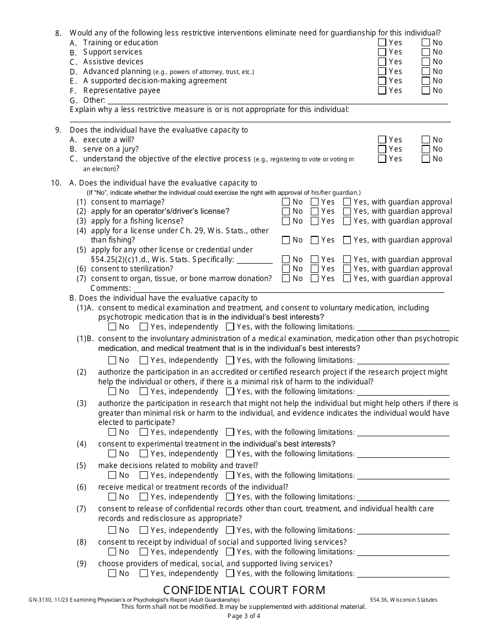Form GN-3130 Examining Physicians or Psychologists Report (Adult Guardianship) - Wisconsin, Page 4