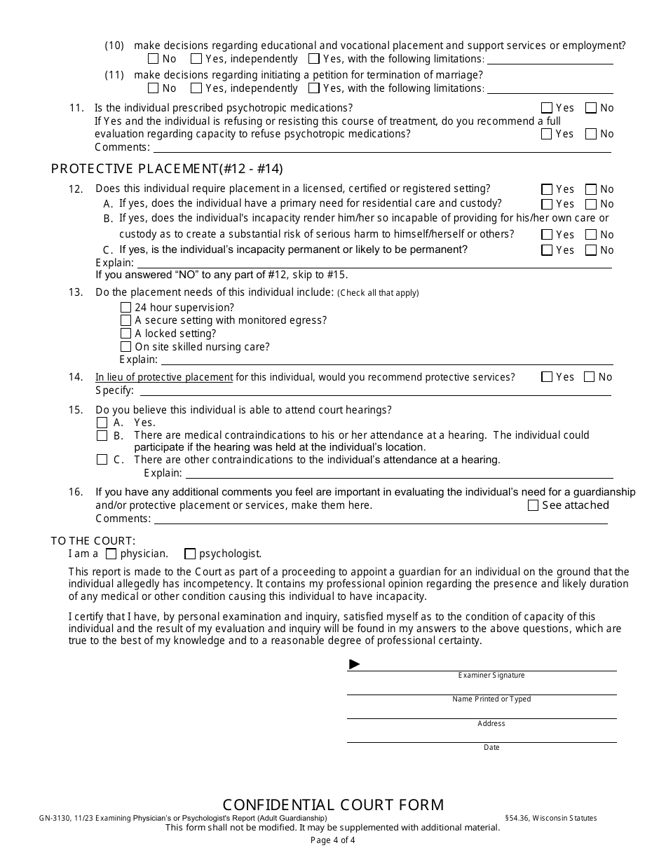 Form GN-3130 Examining Physicians or Psychologists Report (Adult Guardianship) - Wisconsin, Page 5