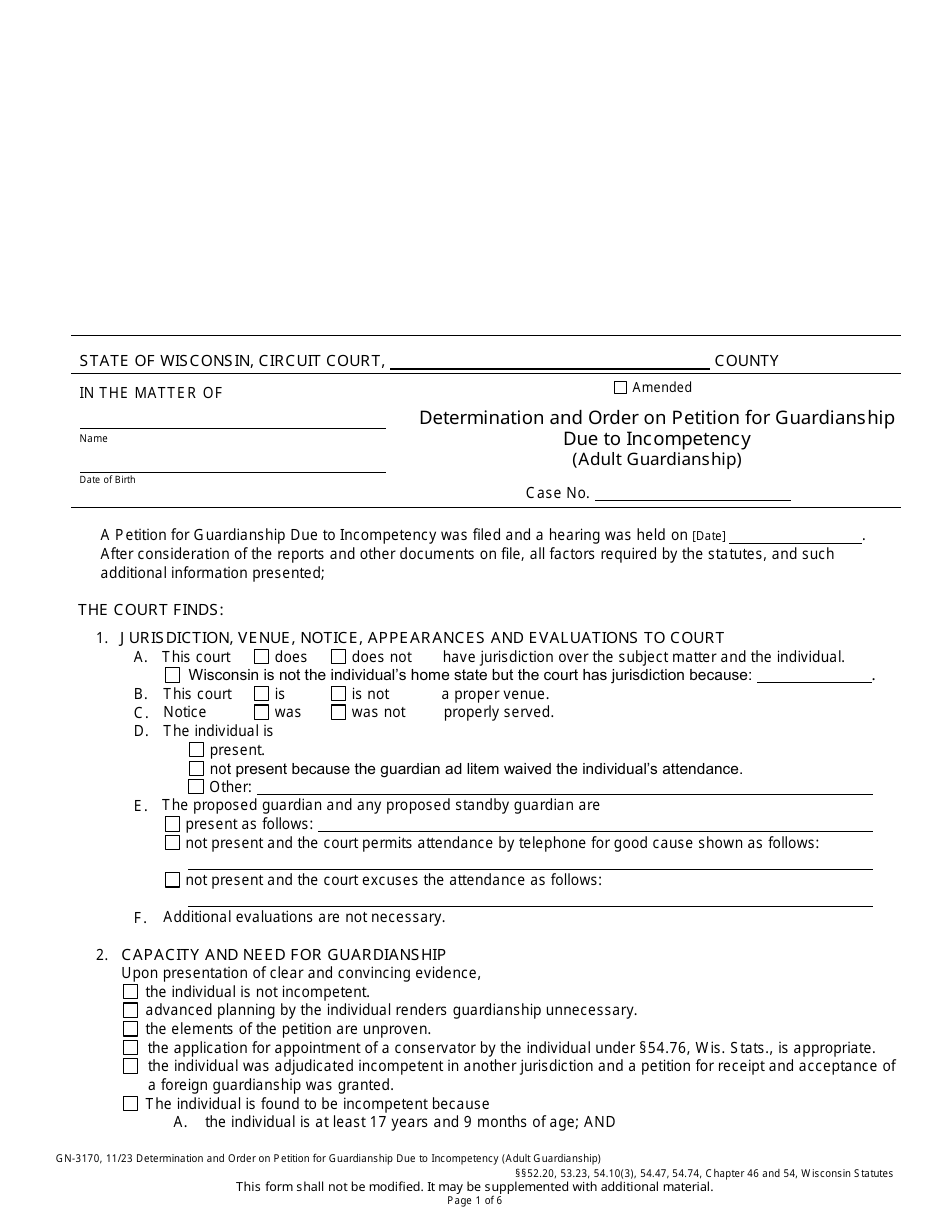 Form GN-3170 Determination and Order on Petition for Guardianship Due to Incompetency (Adult Guardianship) - Wisconsin, Page 1