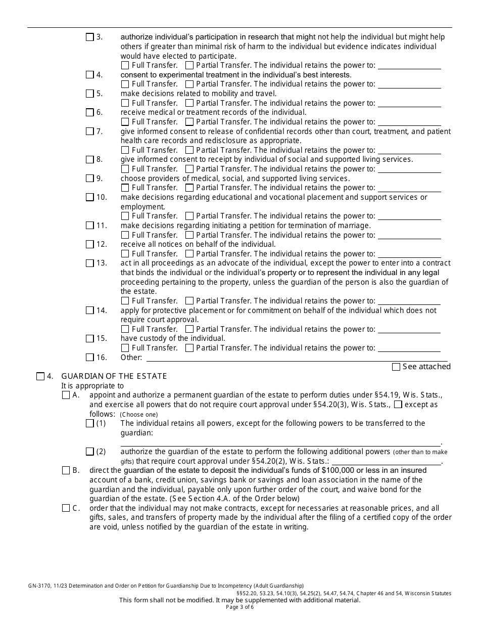 Form GN-3170 Determination and Order on Petition for Guardianship Due to Incompetency (Adult Guardianship) - Wisconsin, Page 3