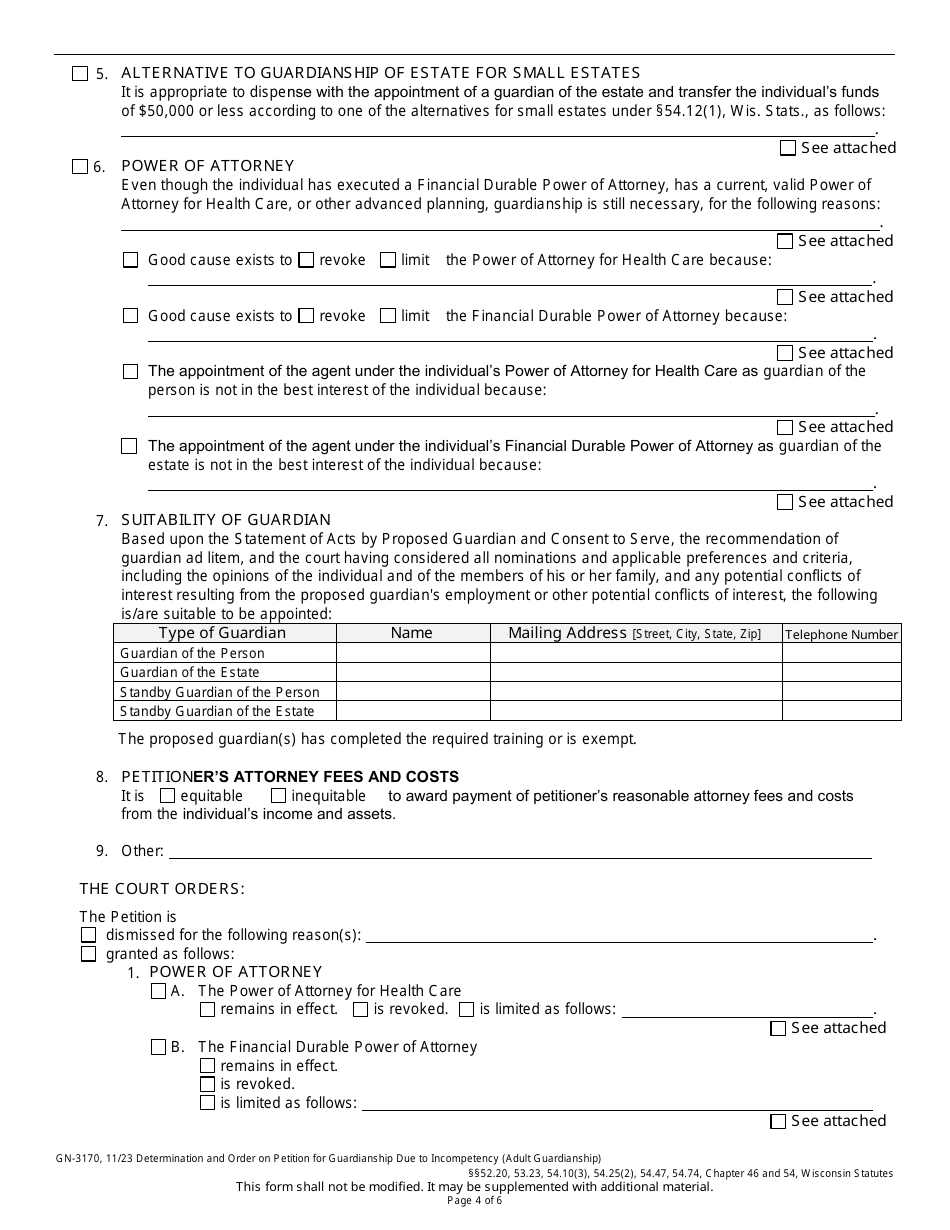 Form GN-3170 Determination and Order on Petition for Guardianship Due to Incompetency (Adult Guardianship) - Wisconsin, Page 4