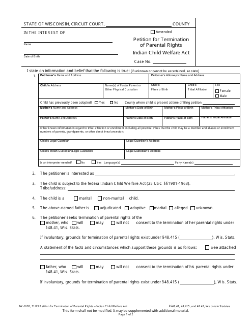 Form IW-1630 Petition for Termination of Parental Rights - Indian Child Welfare Act - Wisconsin