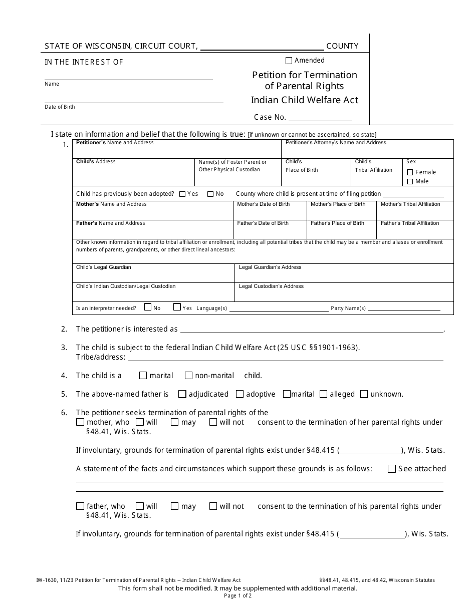 Form IW-1630 Petition for Termination of Parental Rights - Indian Child Welfare Act - Wisconsin, Page 1