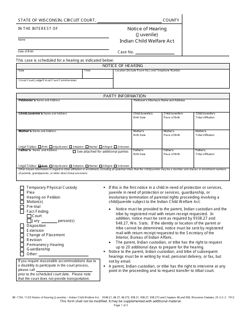 Form IW-1724 Notice of Hearing (Juvenile) - Indian Child Welfare Act - Wisconsin