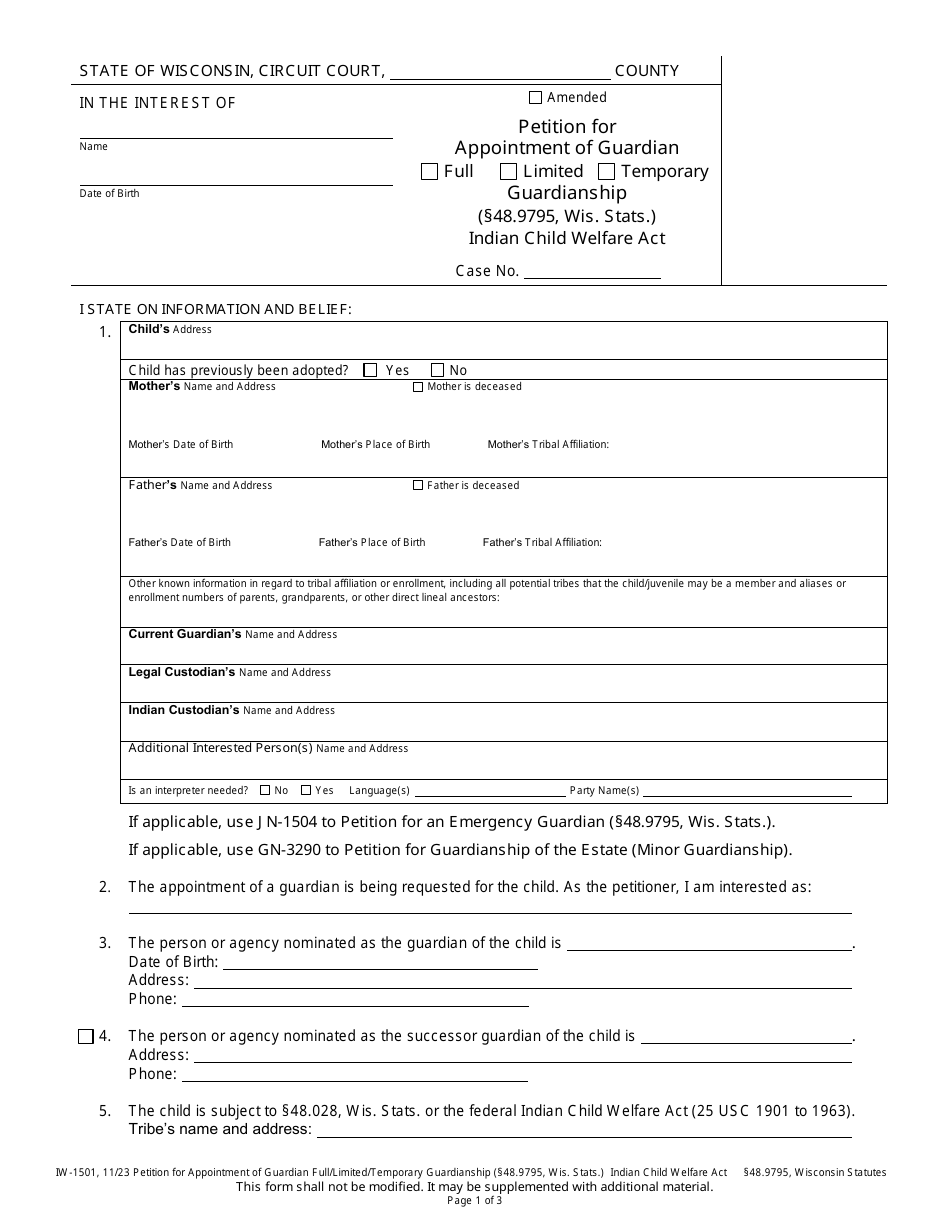 Form IW-1501 Petition for Appointment of Guardian - Wisconsin, Page 1