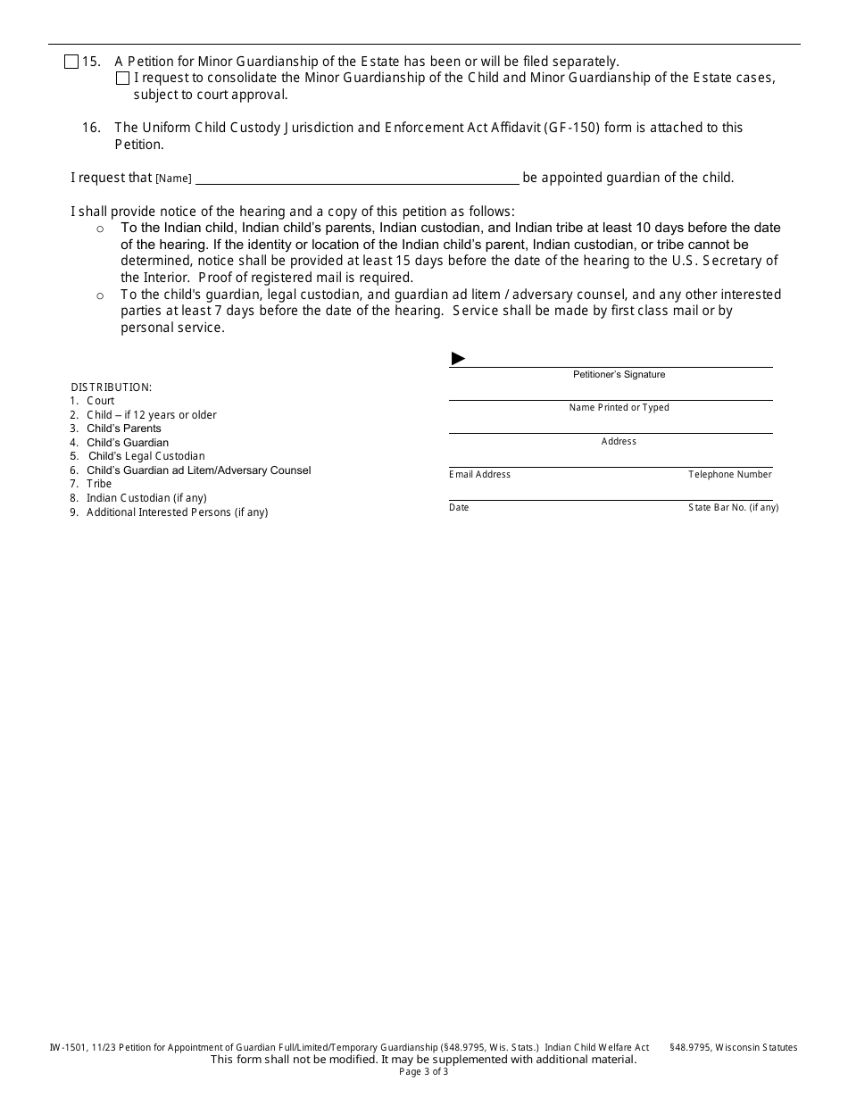 Form IW-1501 Petition for Appointment of Guardian - Wisconsin, Page 3