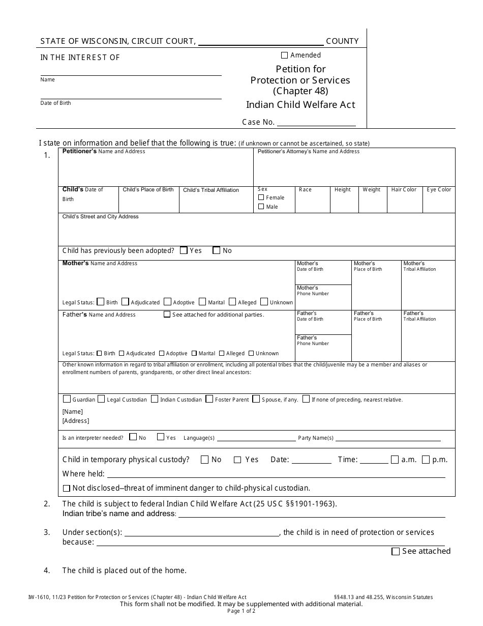 Form IW-1610 Petition for Protection or Services (Chapter 48) - Indian Child Welfare Act - Wisconsin, Page 1