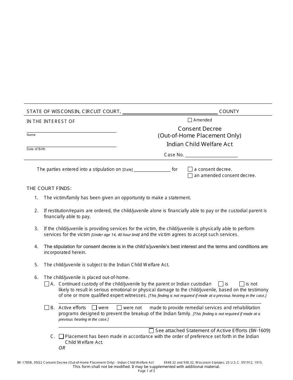 Form IW-1785B Consent Decree (Out-Of-Home Placement Only) - Indian Child Welfare Act - Wisconsin, Page 1