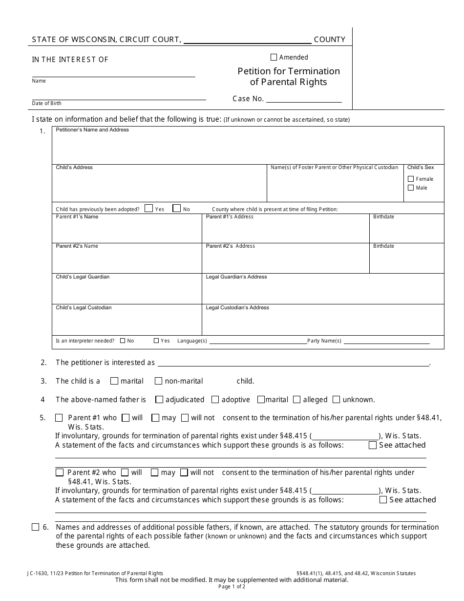 Form JC-1630 Petition for Termination of Parental Rights - Wisconsin, Page 1