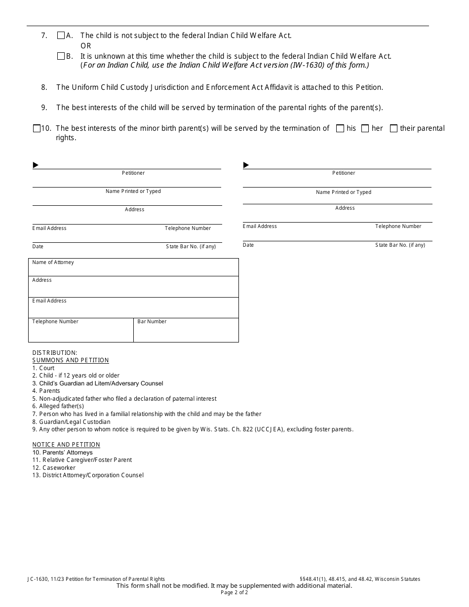 Form JC-1630 Petition for Termination of Parental Rights - Wisconsin, Page 2