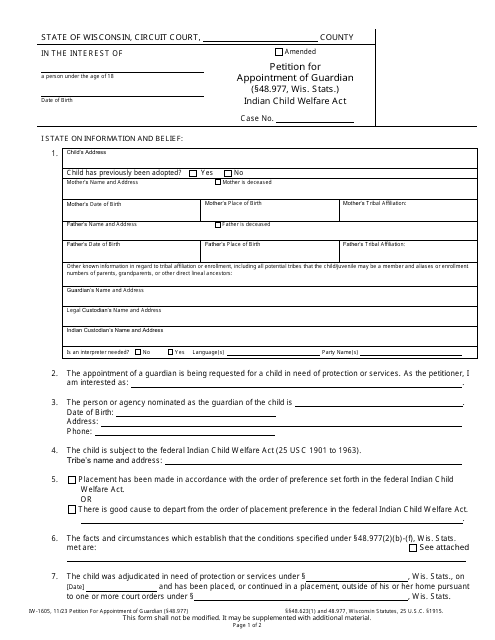 Form IW-1605 Petition for Appointment of Guardian - Indian Child Welfare Act - Wisconsin