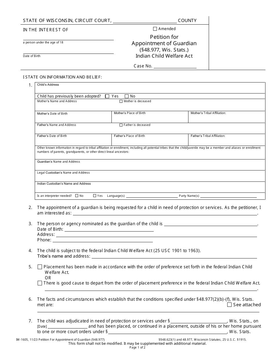 Form IW-1605 Petition for Appointment of Guardian - Indian Child Welfare Act - Wisconsin, Page 1