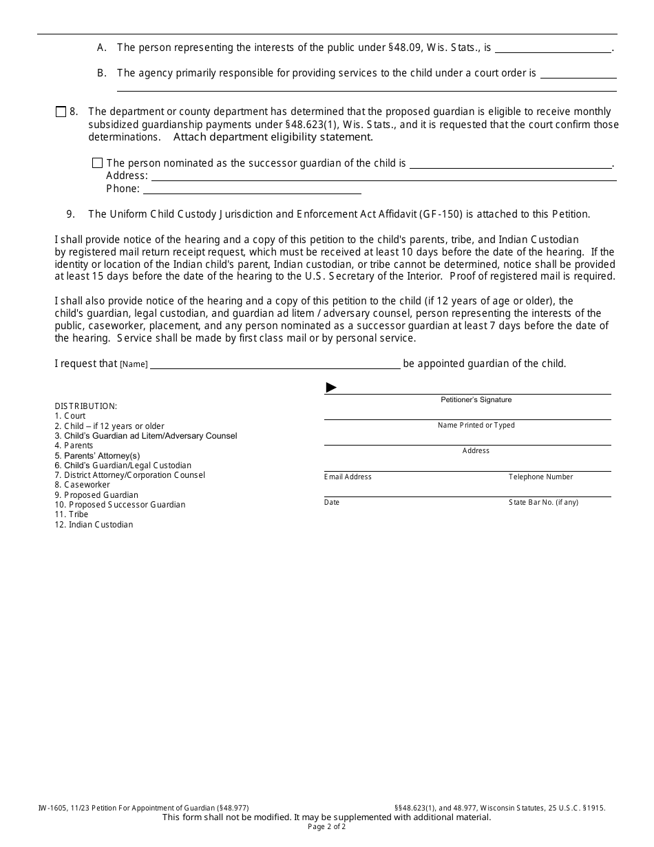 Form IW-1605 Petition for Appointment of Guardian - Indian Child Welfare Act - Wisconsin, Page 2
