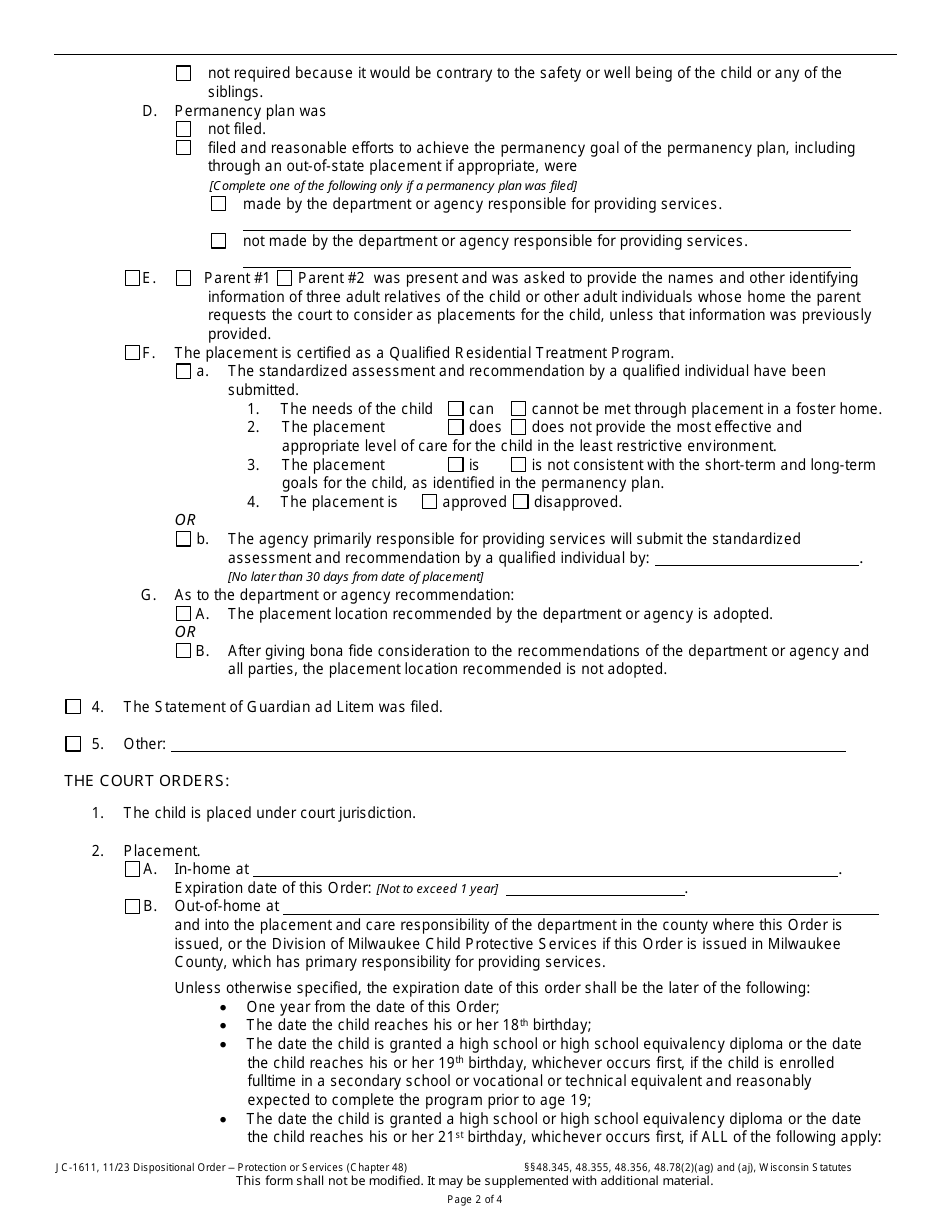 Form JC-1611 Dispositional Order - Protection or Services (Chapter 48) - Wisconsin, Page 2
