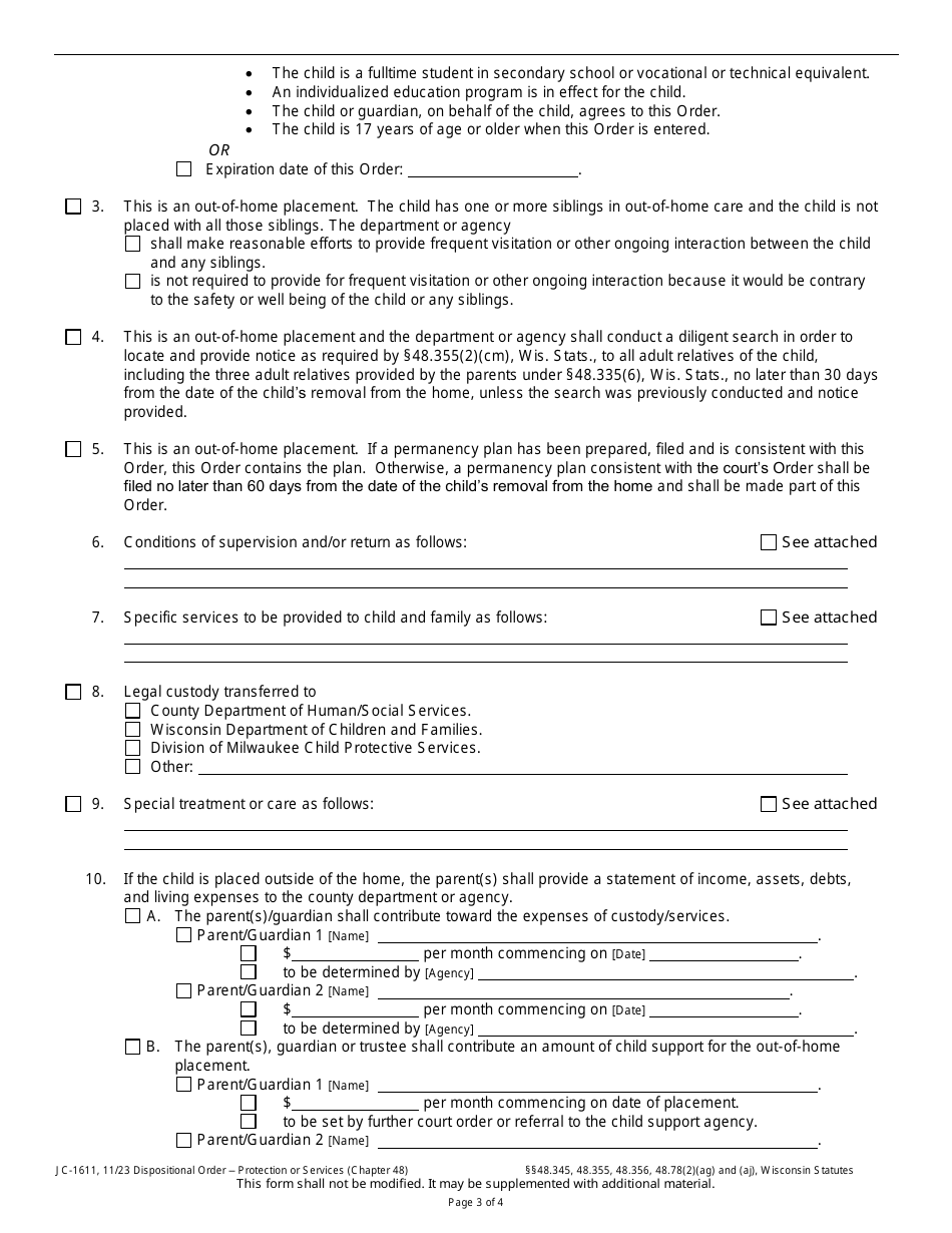 Form JC-1611 Dispositional Order - Protection or Services (Chapter 48) - Wisconsin, Page 3