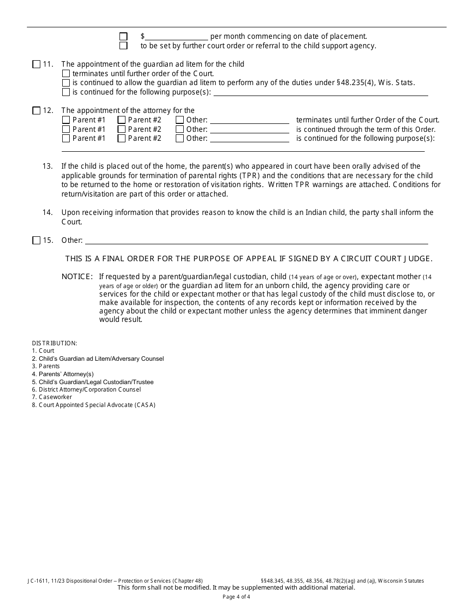 Form JC-1611 Dispositional Order - Protection or Services (Chapter 48) - Wisconsin, Page 4